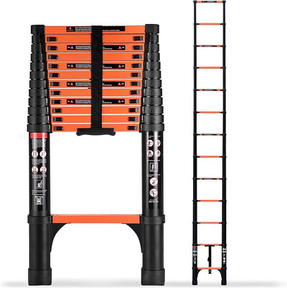 16.5-foot telescopic ladder, made of aluminum alloy, with a weight capacity of 330 pounds.