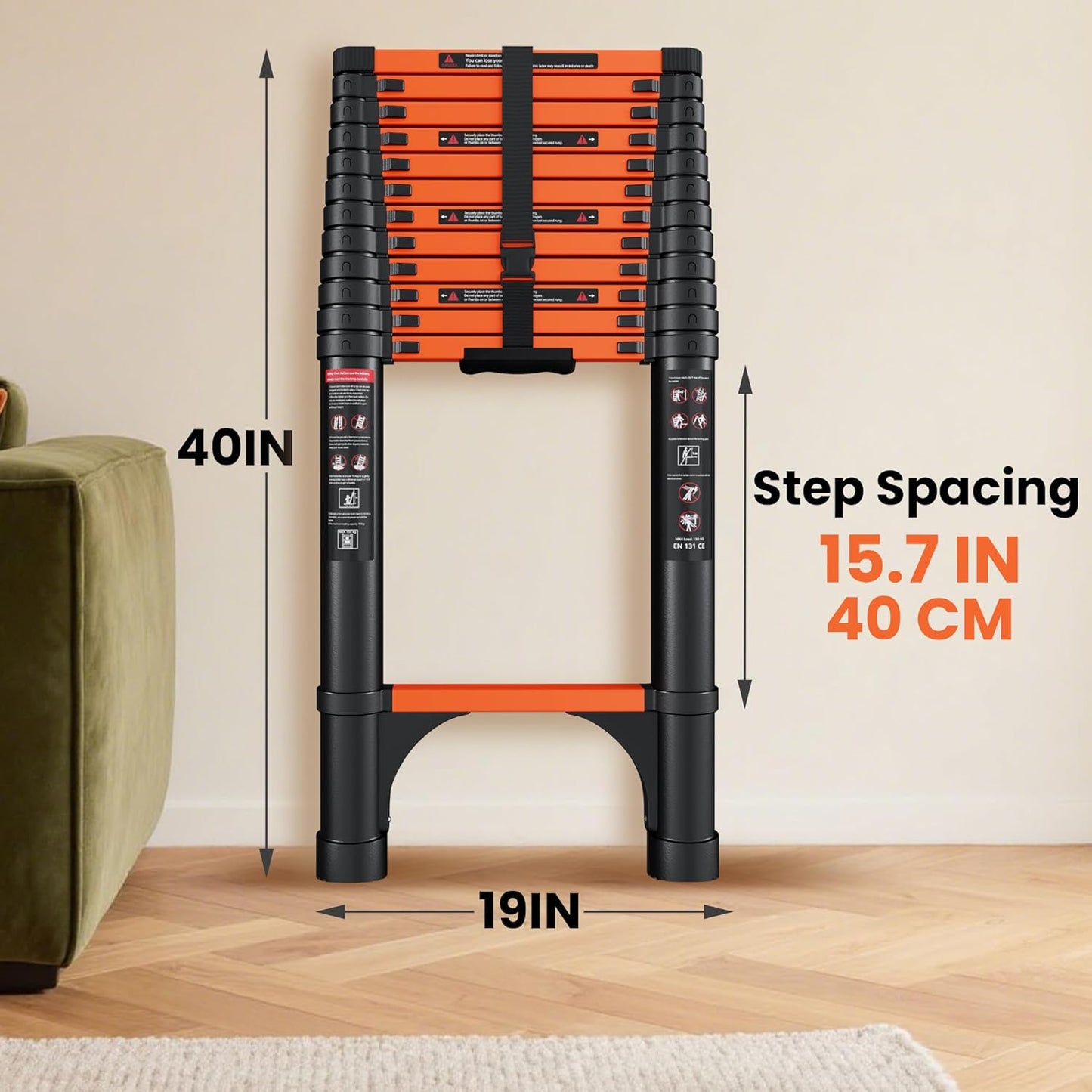 16.5-foot telescopic ladder, made of aluminum alloy, with a weight capacity of 330 pounds.
