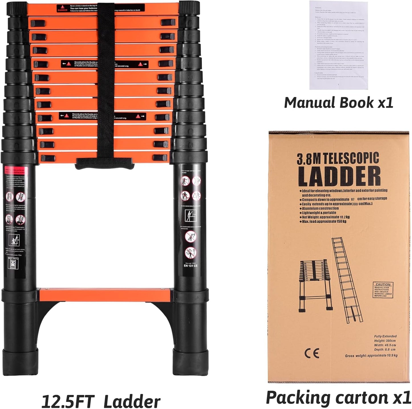 16.5-foot telescopic ladder, made of aluminum alloy, with a weight capacity of 330 pounds.