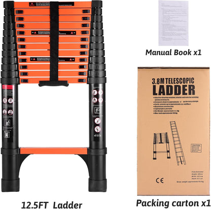 16.5-foot telescopic ladder, made of aluminum alloy, with a weight capacity of 330 pounds.