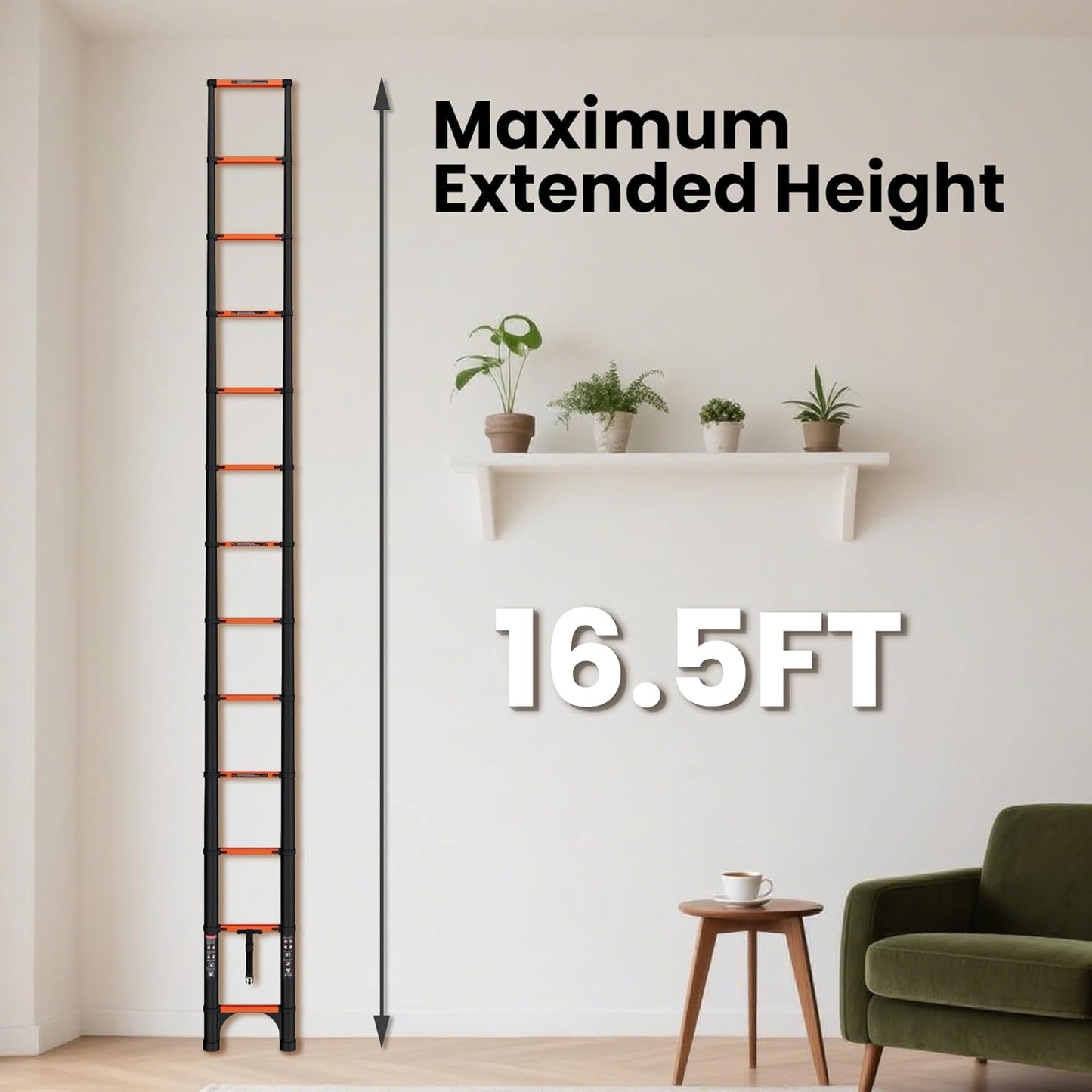 16.5-foot telescopic ladder, made of aluminum alloy, with a weight capacity of 330 pounds.