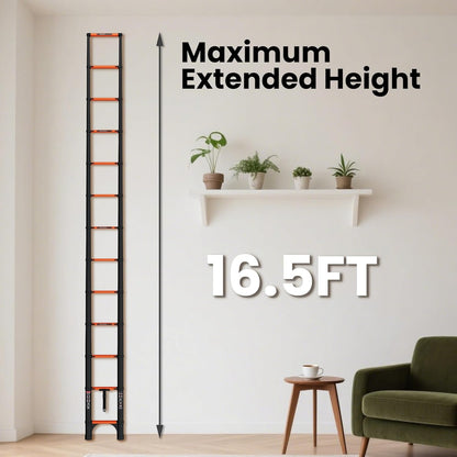 16.5-foot telescopic ladder, made of aluminum alloy, with a weight capacity of 330 pounds.