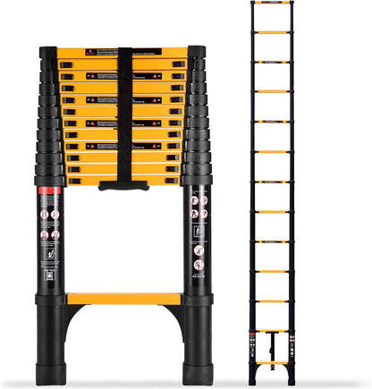 16.5-foot telescopic ladder, made of aluminum alloy, with a weight capacity of 330 pounds.