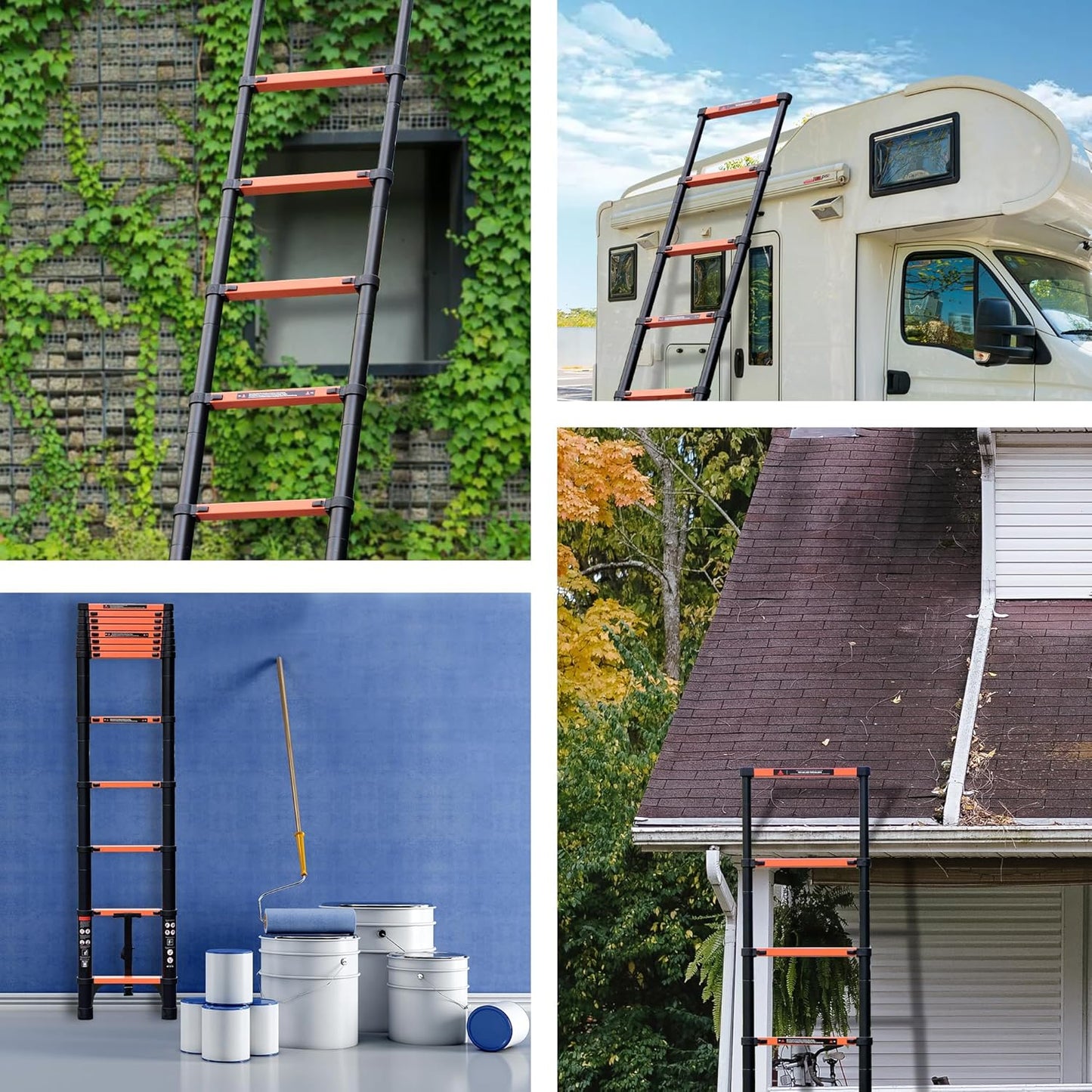 16.5-foot telescopic ladder, made of aluminum alloy, with a weight capacity of 330 pounds.