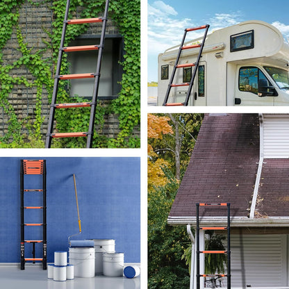 16.5-foot telescopic ladder, made of aluminum alloy, with a weight capacity of 330 pounds.